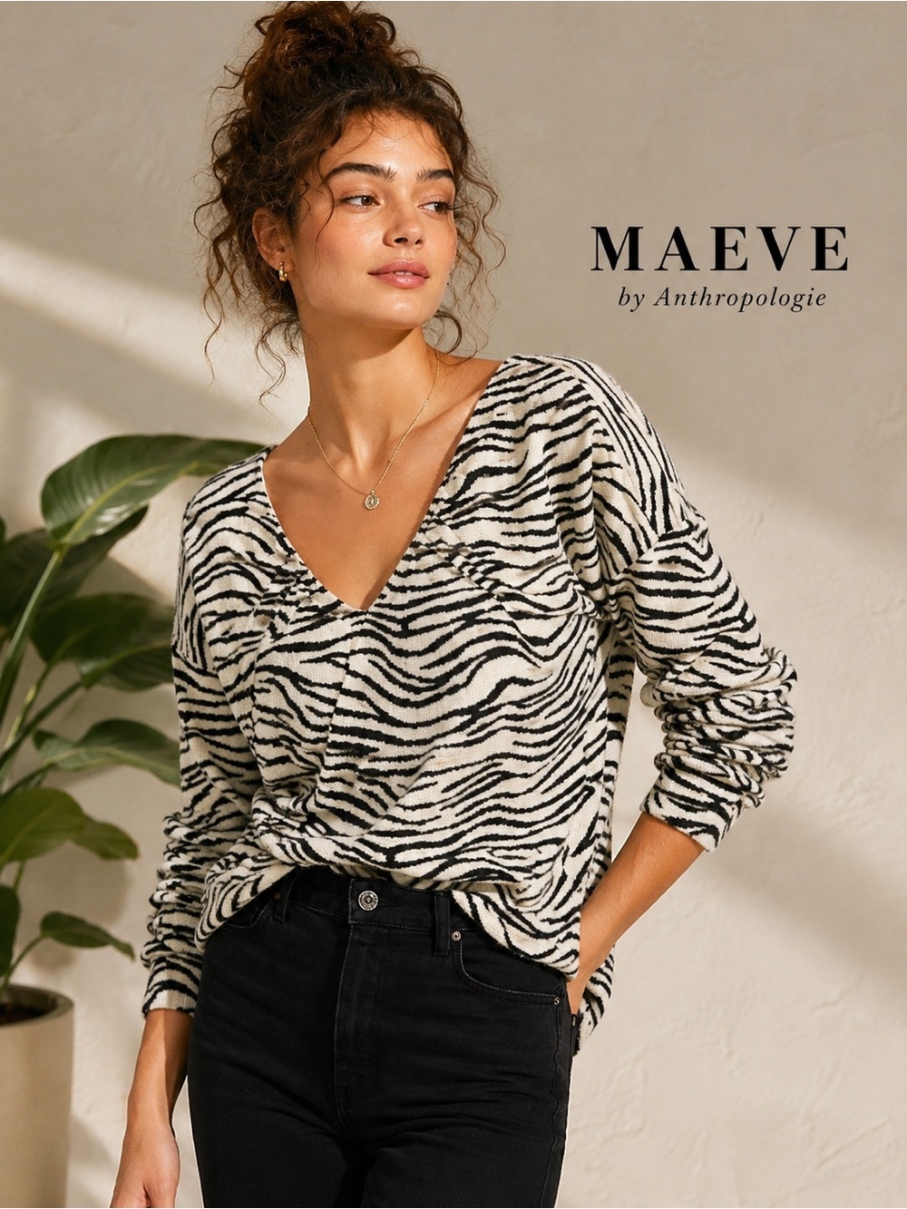 Maeve by Anthropologie Zebra Print V-Neck Sweater Pullover Large Soft Knit